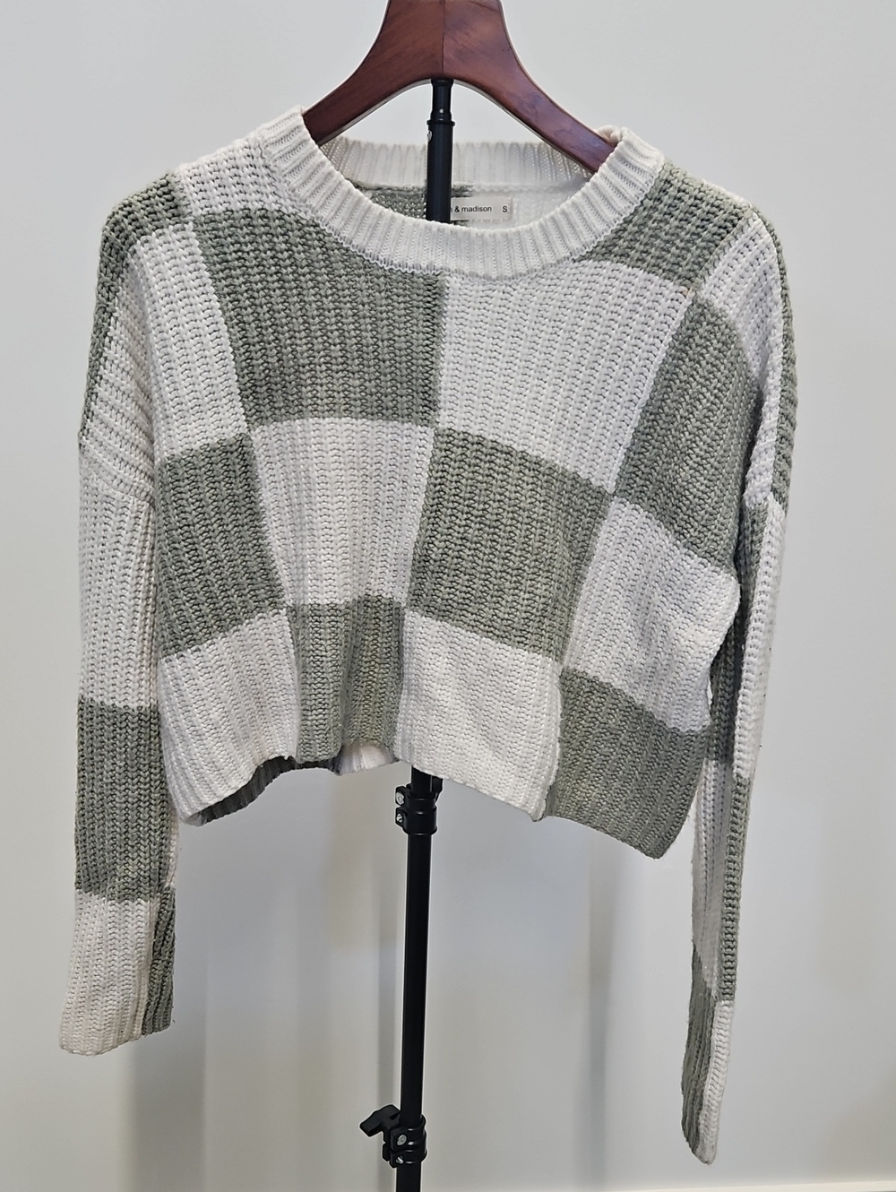 Checked Crewneck Cropped Sweater in Cream and Sage